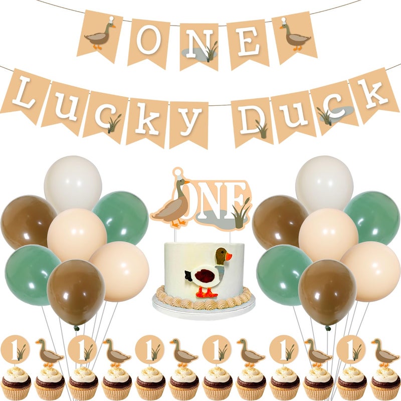 Merrystorm 43Pcs Mallard Duck 1st Birthday Decorations for Boys One Lucky Duck Birthday Decorations One Lucky Duck Banner Cake Cupcake Toppers Green Brown Latex Balloons for Boy First Birthday Party Supplies - Image 3