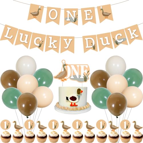 Merrystorm 43Pcs Mallard Duck 1st Birthday Decorations for Boys One Lucky Duck Birthday Decorations One Lucky Duck Banner Cake Cupcake Toppers Green Brown Latex Balloons for Boy First Birthday Party Supplies - Image 1