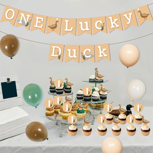 Merrystorm 43Pcs Mallard Duck 1st Birthday Decorations for Boys One Lucky Duck Birthday Decorations One Lucky Duck Banner Cake Cupcake Toppers Green Brown Latex Balloons for Boy First Birthday Party Supplies - Image 5