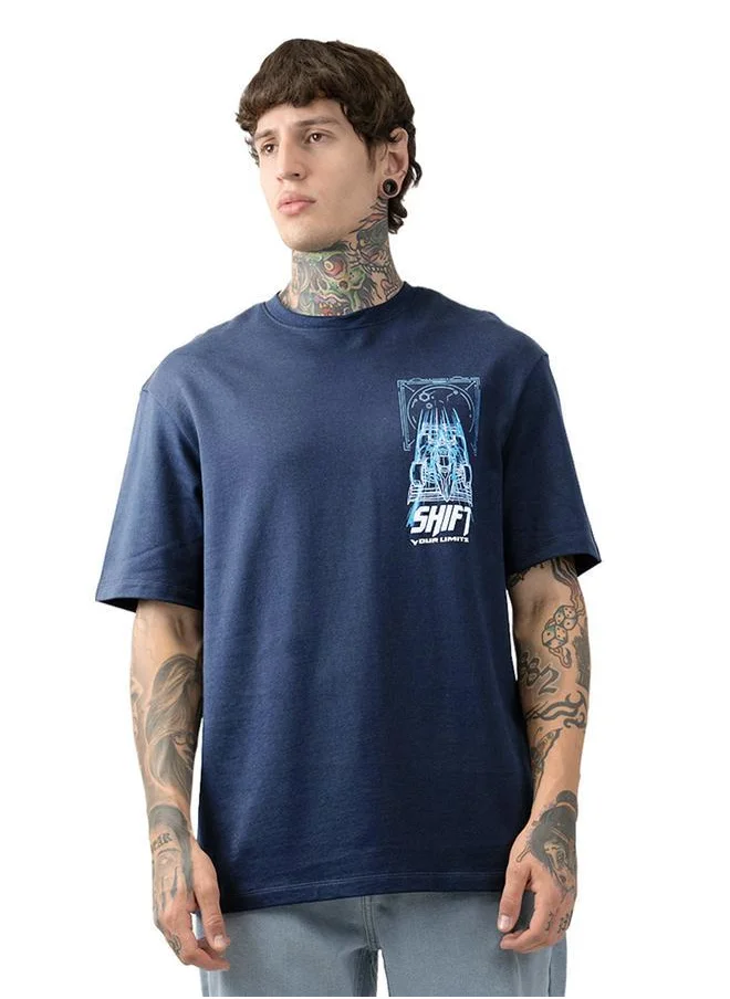 HIGH STAR Relaxed Fit Navy 100% Cotton Printed Half Sleeves Knitted T-Shirt with Slip-on Closure Regular Length Flat Collar Round Neck - Ideal for Casual - A Must-Have for Your Wardrobe!
