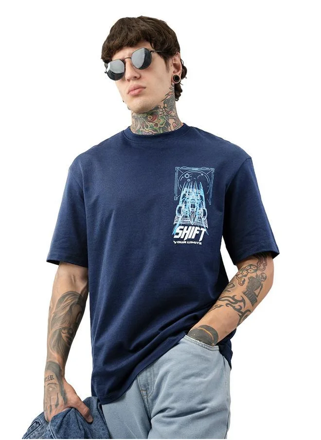 HIGH STAR Relaxed Fit Navy 100% Cotton Printed Half Sleeves Knitted T-Shirt with Slip-on Closure Regular Length Flat Collar Round Neck - Ideal for Casual - A Must-Have for Your Wardrobe!