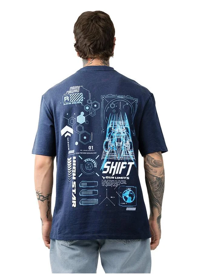 HIGH STAR Relaxed Fit Navy 100% Cotton Printed Half Sleeves Knitted T-Shirt with Slip-on Closure Regular Length Flat Collar Round Neck - Ideal for Casual - A Must-Have for Your Wardrobe!