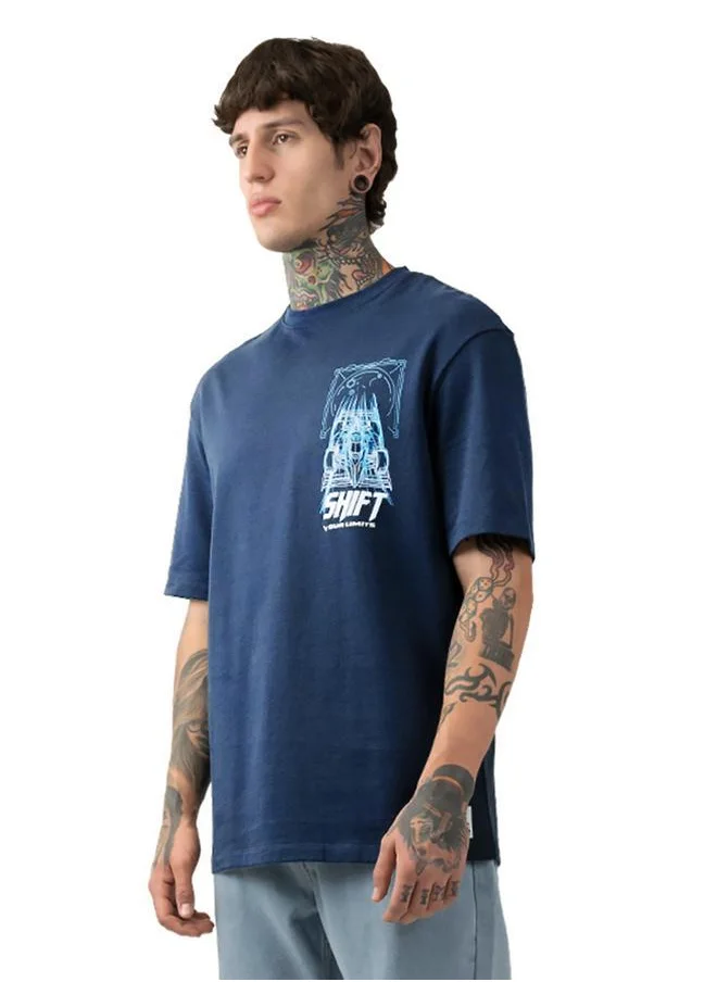 HIGH STAR Relaxed Fit Navy 100% Cotton Printed Half Sleeves Knitted T-Shirt with Slip-on Closure Regular Length Flat Collar Round Neck - Ideal for Casual - A Must-Have for Your Wardrobe!