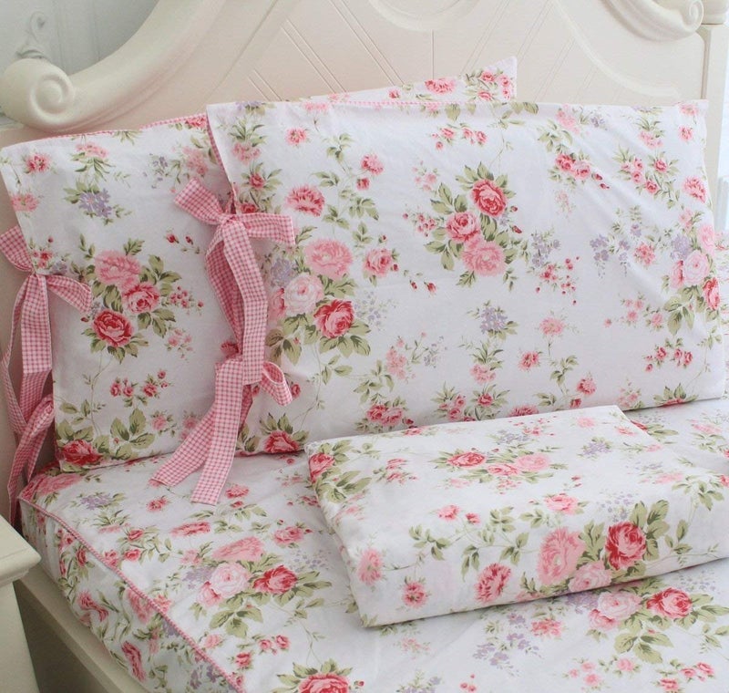FADFAY Cotton Bed Sheets Set Shabby Rose Floral Print Sheet Bedding 4Piece Twin Size