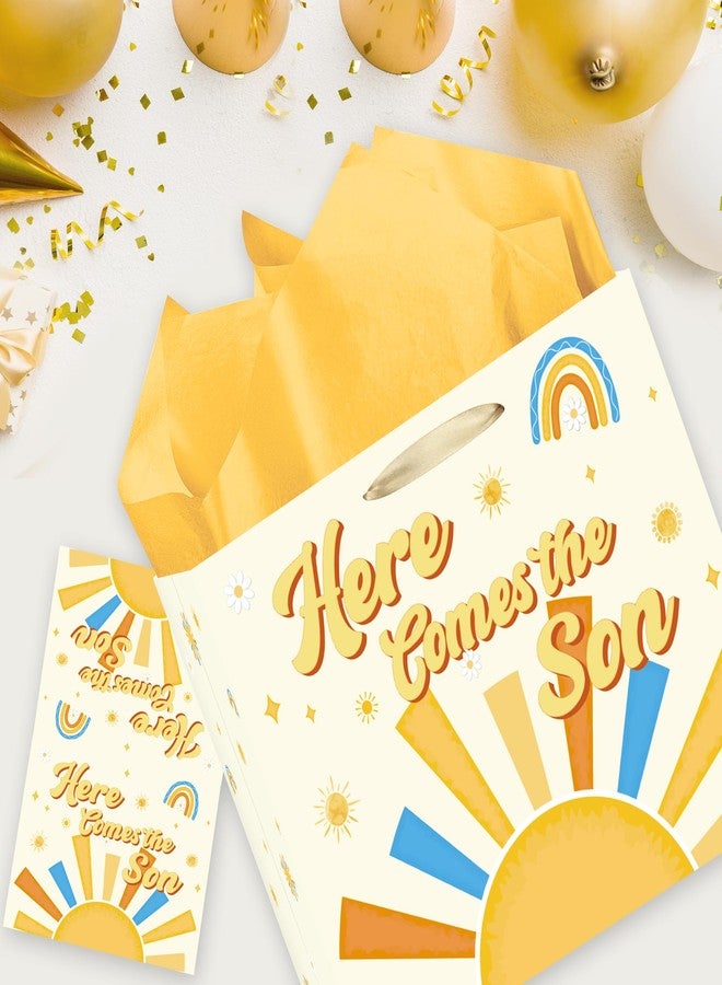 EoBeCy Here Comes the Son Baby Boy Gift Bag, Boho Sun Theme Baby Shower Wrapping Paper with Handles, Tissue Paper and Greeting Card for Sunshine Baby Shower Gender Reveal Party Favors - Image 2
