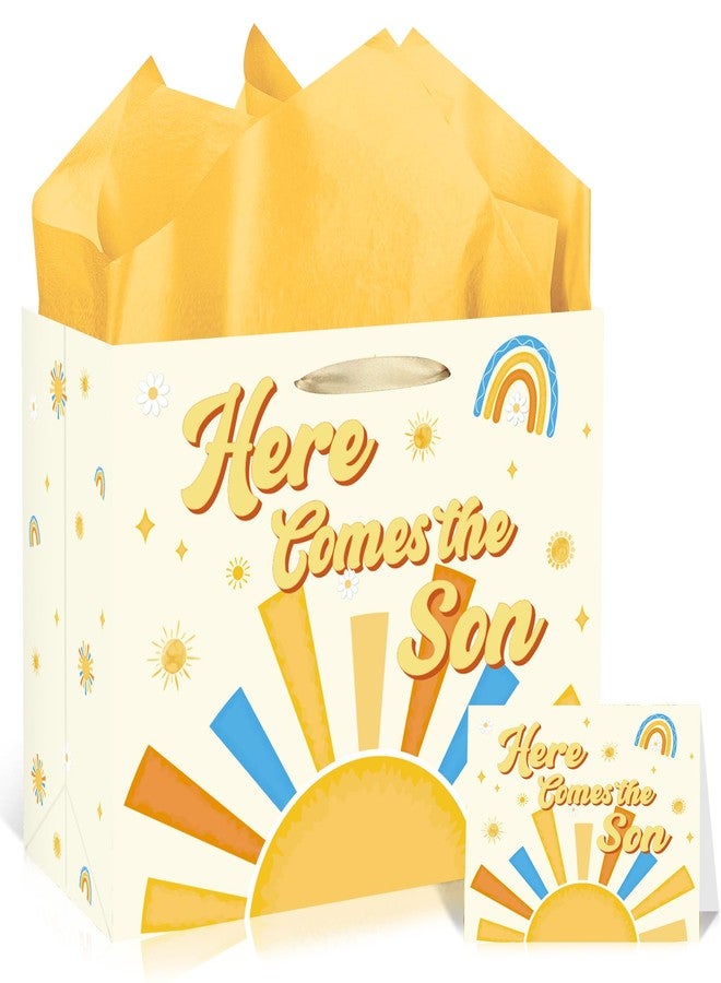 EoBeCy Here Comes the Son Baby Boy Gift Bag, Boho Sun Theme Baby Shower Wrapping Paper with Handles, Tissue Paper and Greeting Card for Sunshine Baby Shower Gender Reveal Party Favors - Image 1