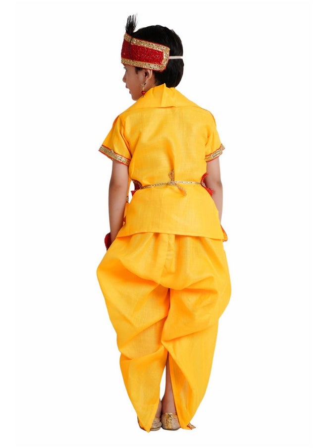 Kaku Fancy Dresses - Kaku Fancy Dresses Baby Krishna Dress Cotton Fabric, Krishna Leela Costume With Accessories For Boys & Girls, 6-12 Months, Yellow - Image 1