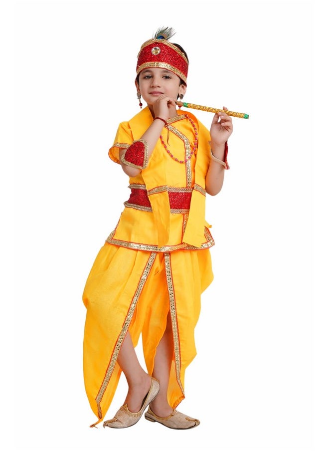 Kaku Fancy Dresses - Kaku Fancy Dresses Baby Krishna Dress Cotton Fabric, Krishna Leela Costume With Accessories For Boys & Girls, 6-12 Months, Yellow - Image 1