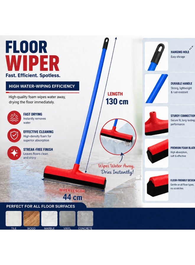 VELMORE Floor Wiper with Long Handle 130cm  –  Heavy Duty Water Squeegee with 44cm Foam Blade, Fast Drying, Streak-Free Cleaning for Tiles, Bathroom, Kitchen & Floor Surfaces - Red - Image 2
