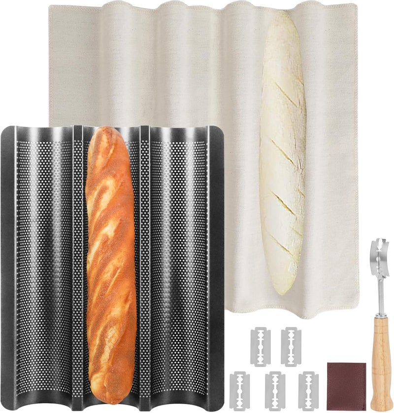 Barlket French Baguette Bread Pan, 3 Loaf Bread Pan Nonstick, Perforated Baguette Tray, Oven Safe, Health Homemade Bread Baking Supplies with Couche, 15x11 Inch, Round Corner and Heat Evenly, Black - Image 1