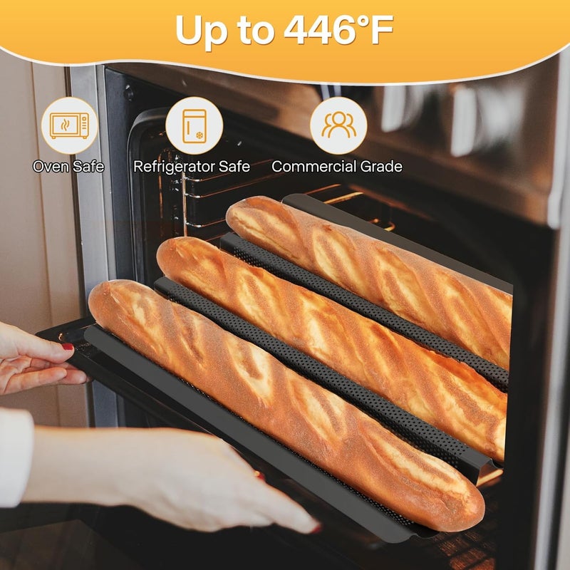 Barlket French Baguette Bread Pan, 3 Loaf Bread Pan Nonstick, Perforated Baguette Tray, Oven Safe, Health Homemade Bread Baking Supplies with Couche, 15x11 Inch, Round Corner and Heat Evenly, Black - Image 4