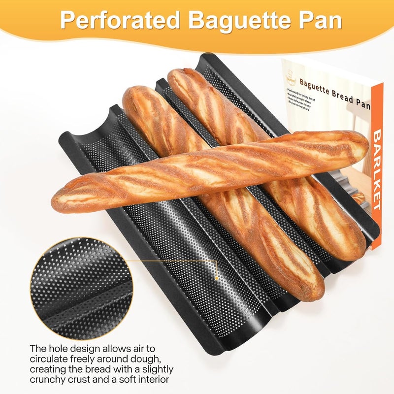 Barlket French Baguette Bread Pan, 3 Loaf Bread Pan Nonstick, Perforated Baguette Tray, Oven Safe, Health Homemade Bread Baking Supplies with Couche, 15x11 Inch, Round Corner and Heat Evenly, Black - Image 2