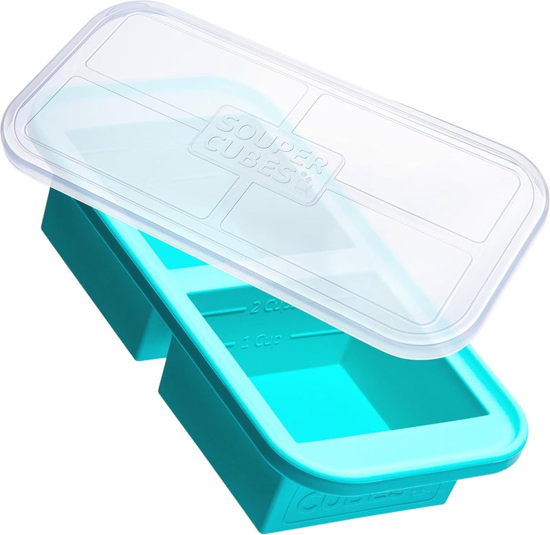 Souper Cubes صواني سوبر كيوبز سعة 2 كوب من السيليكون مع غطاء - حاوية تحضير وجبات سهلة وحل تخزين للمطبخ - قالب سيليكون لتخزين الحساء والطعام - لون أكوا - عبوة من قطعة واحدة | سيليكون معالج بالبلاتين 100%، آمن للفرن والميكروويف، مثالي لتجميد اللازانيا والطواجن والمزيد - Image 1