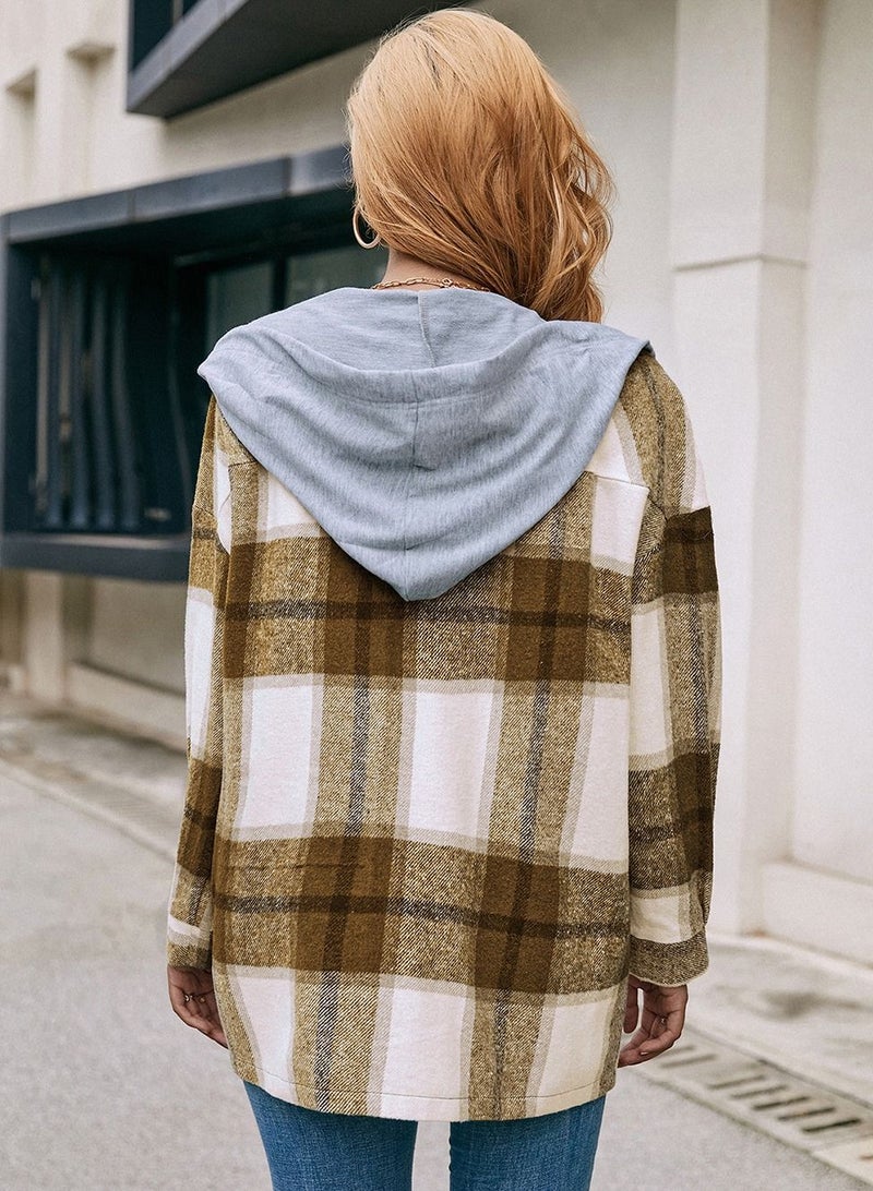 Hooded Loose Casual Cardigan Plaid Shirt Coat Multicolour