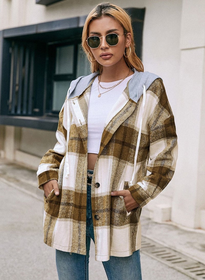 Hooded Loose Casual Cardigan Plaid Shirt Coat Multicolour