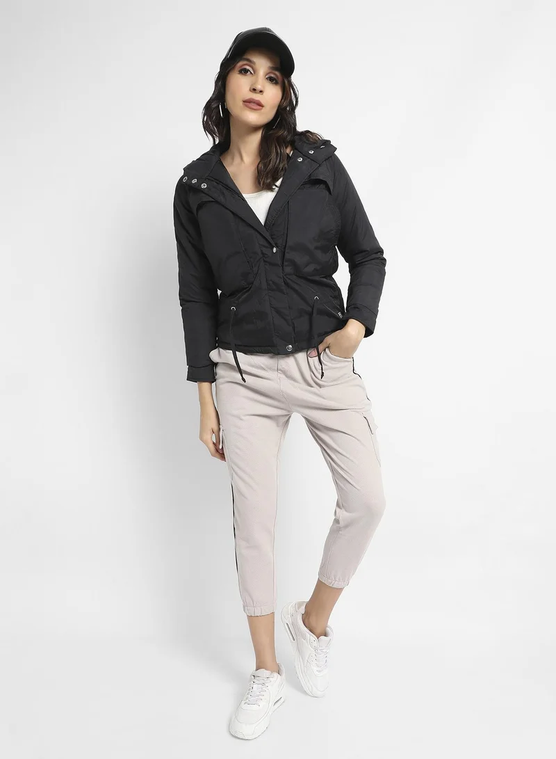Campus Sutra Women's Black Puffer Jacket With Tie-Up Waist