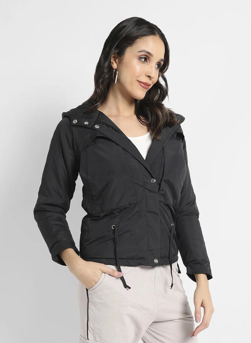 Campus Sutra Women's Black Puffer Jacket With Tie-Up Waist