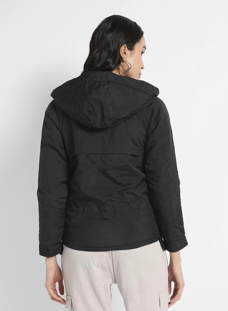Campus Sutra Women's Black Puffer Jacket With Tie-Up Waist