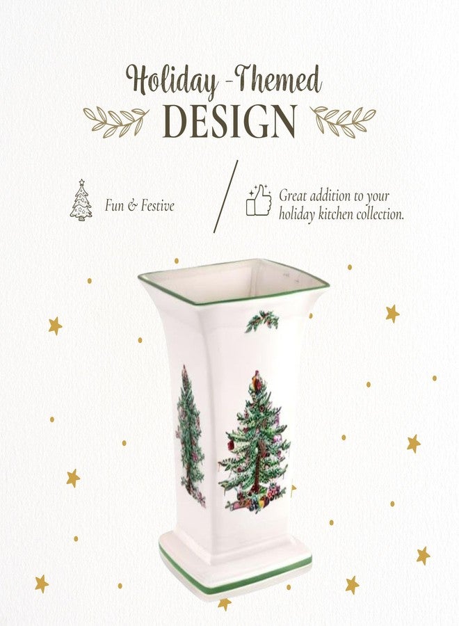 سبود مزهرية مربعة على شكل شجرة عيد الميلاد من سبود، مزهرية احتفالية مقاس 8 بوصات للزهور وديكورات العطلات - قطعة مركزية من الفخار الفاخر لطاولة عيد الميلاد، ورف المدفأة، وتنسيقات الزهور الموسمية، آمنة للغسل في غسالة الأطباق - Image 3