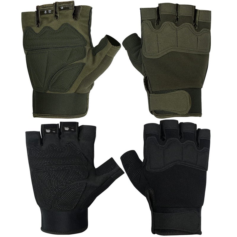 FIORETTO Fingerless Gloves for Airsoft Shooting Half Finger Hunting Hiking Cycling Driving Motorcycle Climbing Work Gloves 2 Pairs(Black+Green) Medium - Image 1