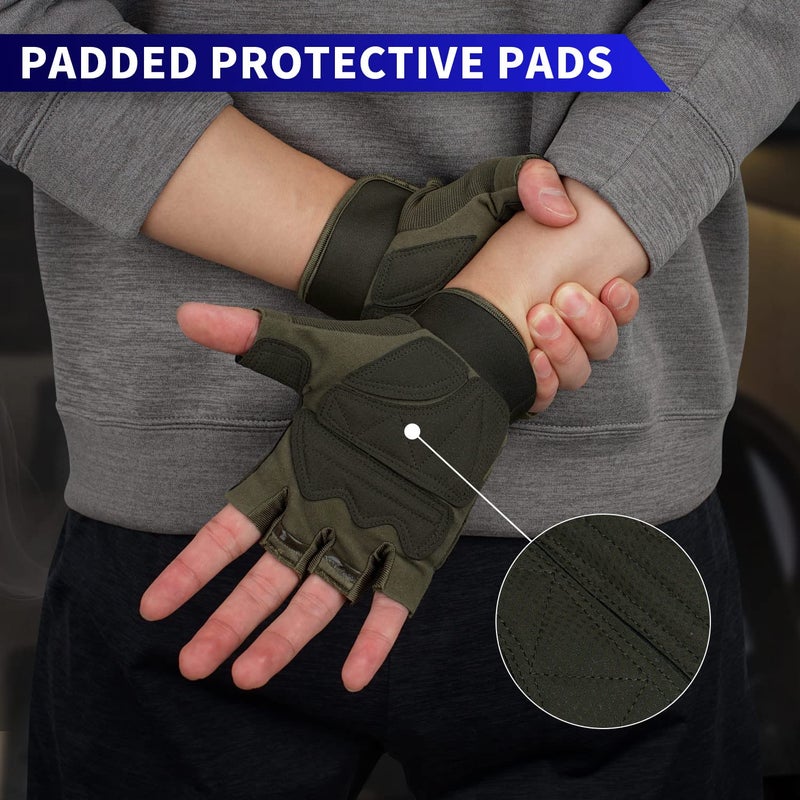 FIORETTO Fingerless Gloves for Airsoft Shooting Half Finger Hunting Hiking Cycling Driving Motorcycle Climbing Work Gloves 2 Pairs(Black+Green) Medium - Image 5