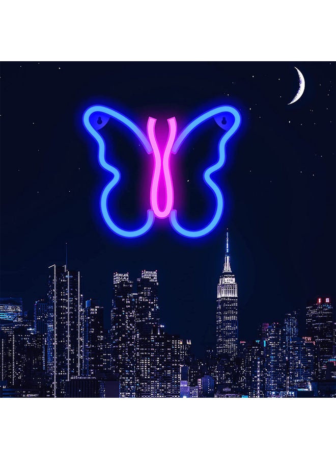 مصباح نيون LED على شكل فراشة لتزيين الحائط أزرق وردي 19.5 x 23سم - Image 2