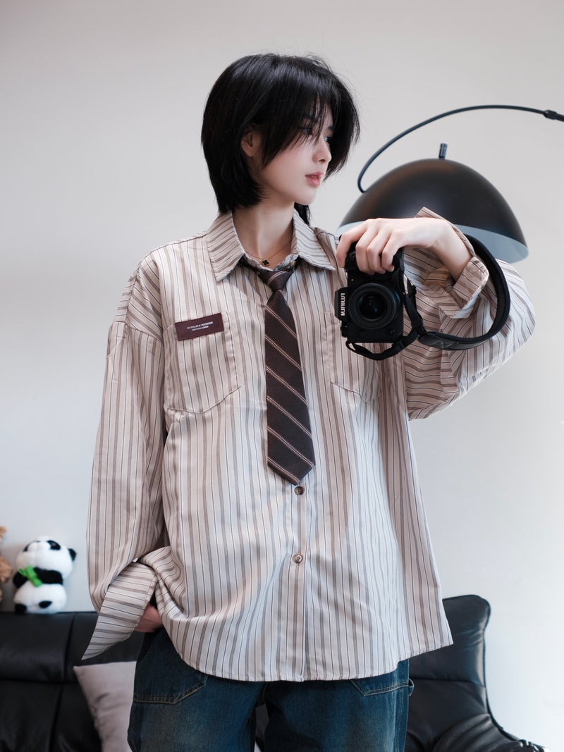 Ja1 never stays up late, Japanese retro Hong Kong-style striped shirt, women's short-sleeved and youthful neutral loose top for men - Image 3