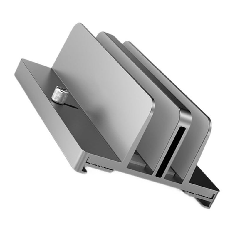 Aluminum Alloy Vertical Laptop Stand Dual Adjustable Slots Gray Space Saving Desk Organizer - Image 2
