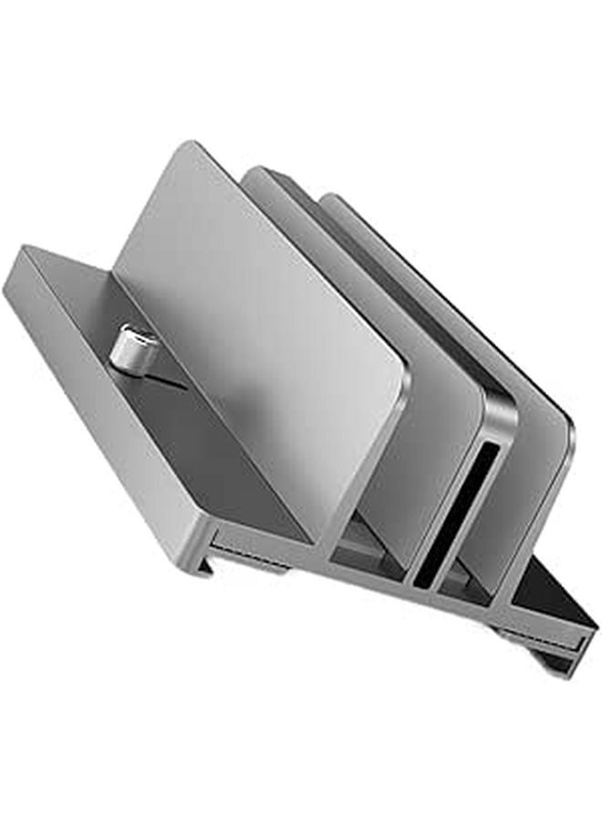 Aluminum Alloy Vertical Laptop Stand Dual Adjustable Slots Gray Space Saving Desk Organizer - Image 1