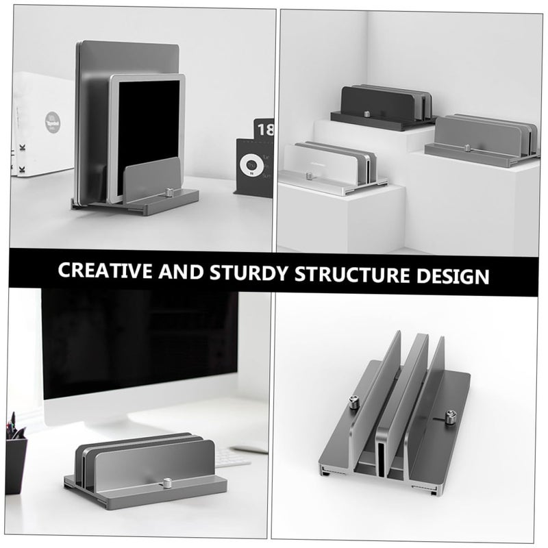 Aluminum Alloy Vertical Laptop Stand Dual Adjustable Slots Gray Space Saving Desk Organizer - Image 4