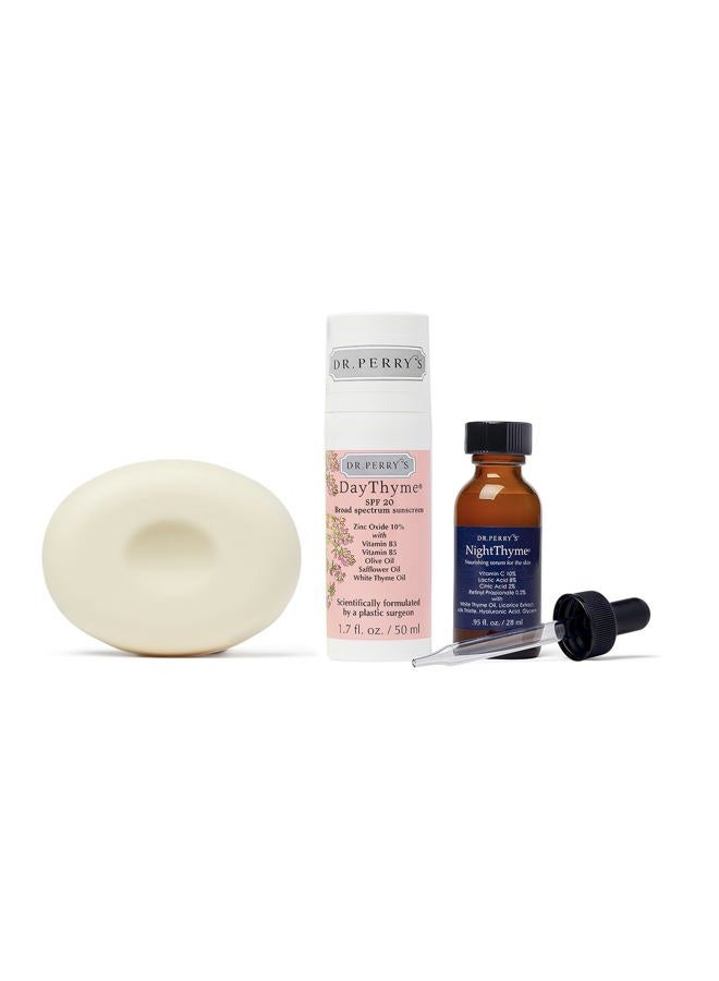 Dr. Perry's Basic Facial Skincare Regimen, 3 Pc. Kit - Vitamin C Night Serum | SPF Skin Protector | Facial Cleansing Bar - Image 1