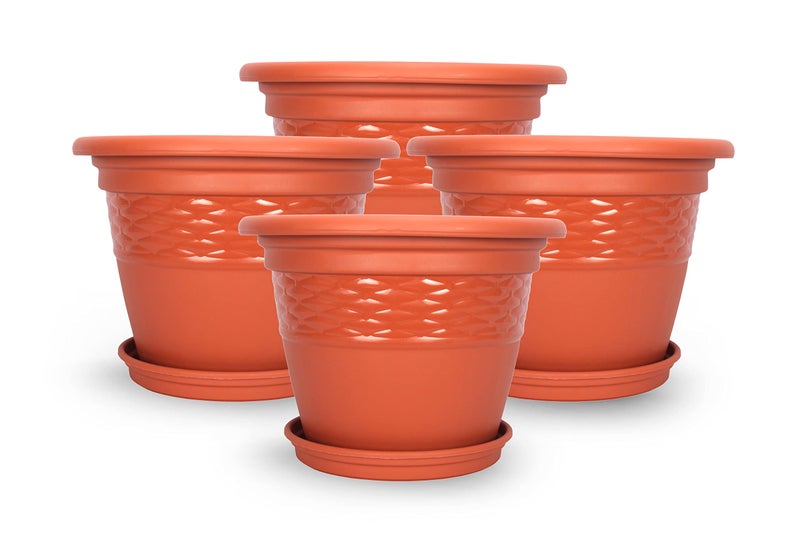 Halsey Clean Home Round Virgin Plastic Modern Design Durable Plastic Plant Pot for Gardening (Pack of 4) (POTS with Tray, X-LARGE-11 INCH) - Image 1