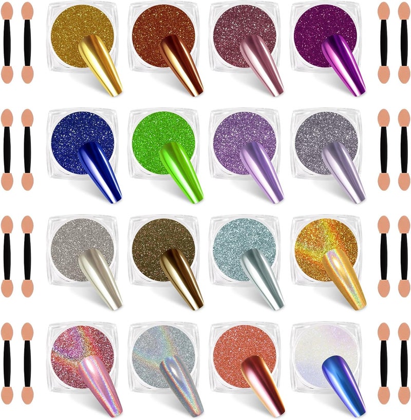 SIUSIO 16 Jars Chrome Nail Powder Nail Art Glitter Decoration Metallic Mirror Effect Holographic Aurora Chameleon Pigment Powder Kit 035gJar Pearl for Resin Craft Nail Art