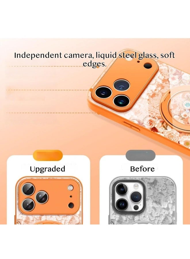 Nicor iPhone 17 Pro Max Case, Flower Printed Stylish Phone Cover   With 360 Degree Rotating Magnetic Bracket And Woven LanyardUltra Slim, Shockproof, Anti-Yellow & Anti-Scratch Protective Shell for Women & Girls（Orange） - Image 5