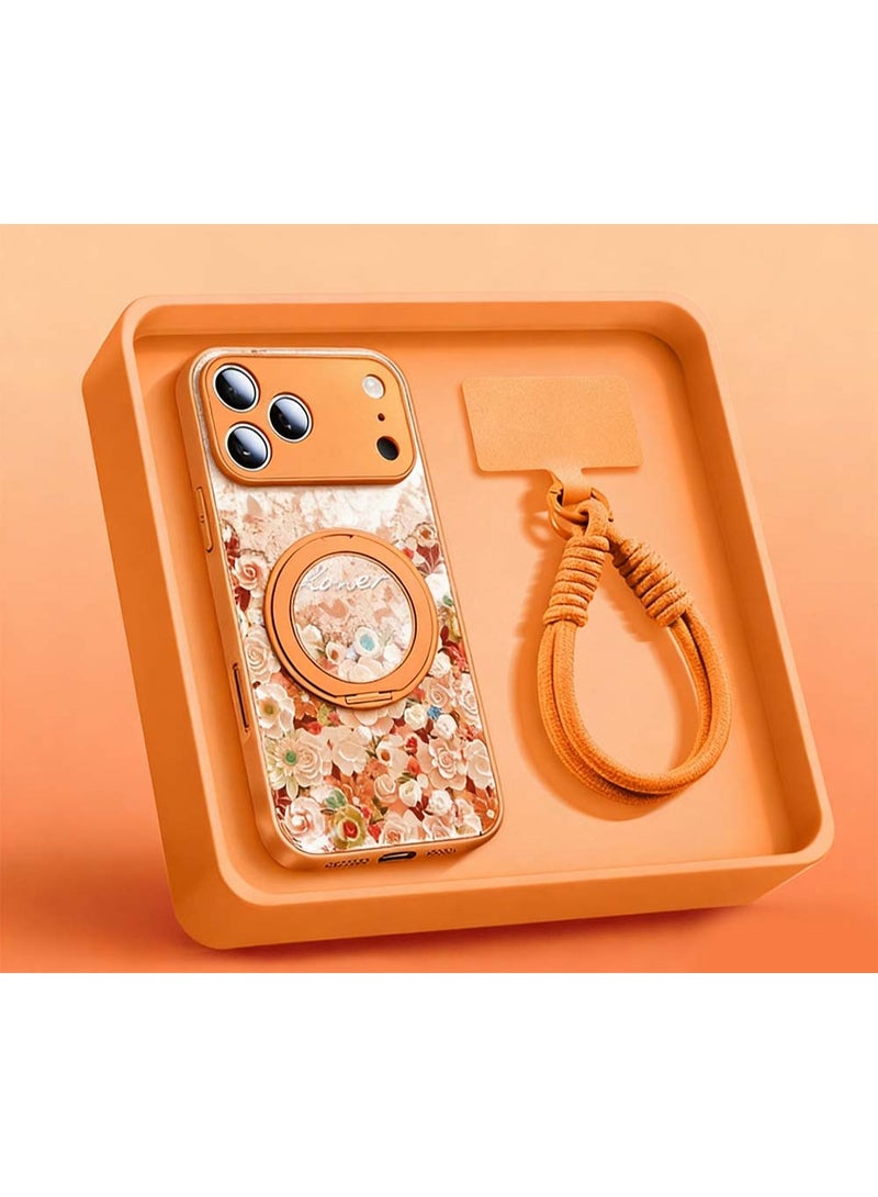 Nicor iPhone 17 Pro Max Case, Flower Printed Stylish Phone Cover   With 360 Degree Rotating Magnetic Bracket And Woven LanyardUltra Slim, Shockproof, Anti-Yellow & Anti-Scratch Protective Shell for Women & Girls（Orange） - Image 1