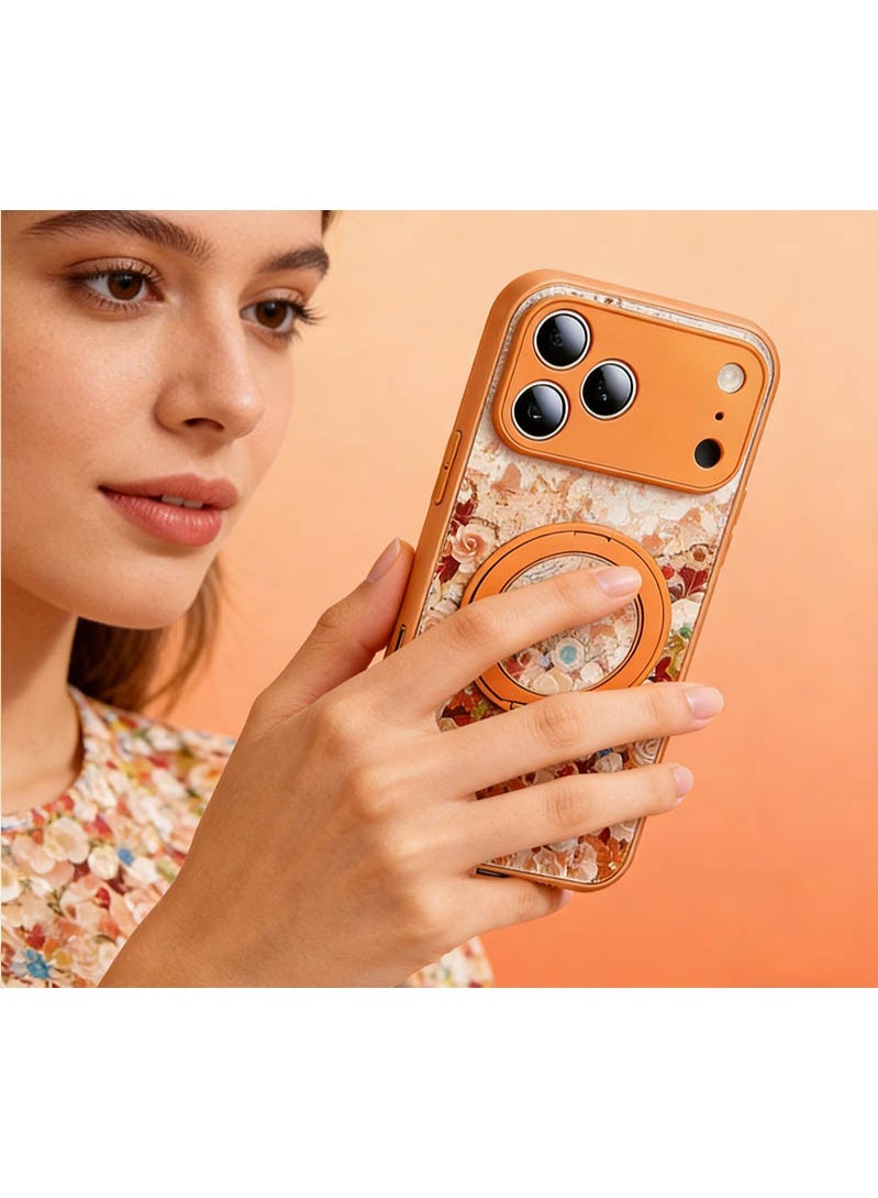 Nicor iPhone 17 Pro Max Case, Flower Printed Stylish Phone Cover   With 360 Degree Rotating Magnetic Bracket And Woven LanyardUltra Slim, Shockproof, Anti-Yellow & Anti-Scratch Protective Shell for Women & Girls（Orange） - Image 2