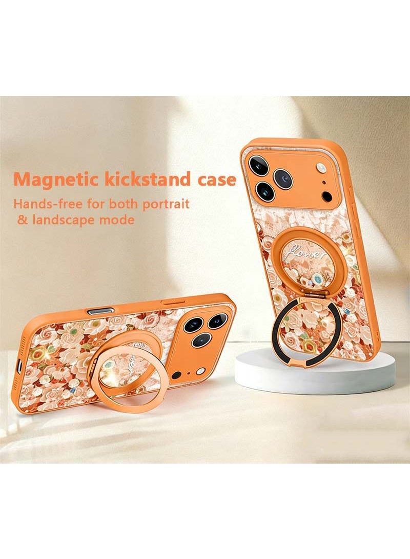 Nicor iPhone 17 Pro Max Case, Flower Printed Stylish Phone Cover   With 360 Degree Rotating Magnetic Bracket And Woven LanyardUltra Slim, Shockproof, Anti-Yellow & Anti-Scratch Protective Shell for Women & Girls（Orange） - Image 3