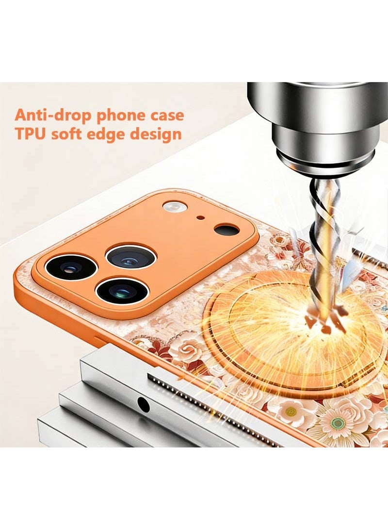 Nicor iPhone 17 Pro Max Case, Flower Printed Stylish Phone Cover   With 360 Degree Rotating Magnetic Bracket And Woven LanyardUltra Slim, Shockproof, Anti-Yellow & Anti-Scratch Protective Shell for Women & Girls（Orange） - Image 4
