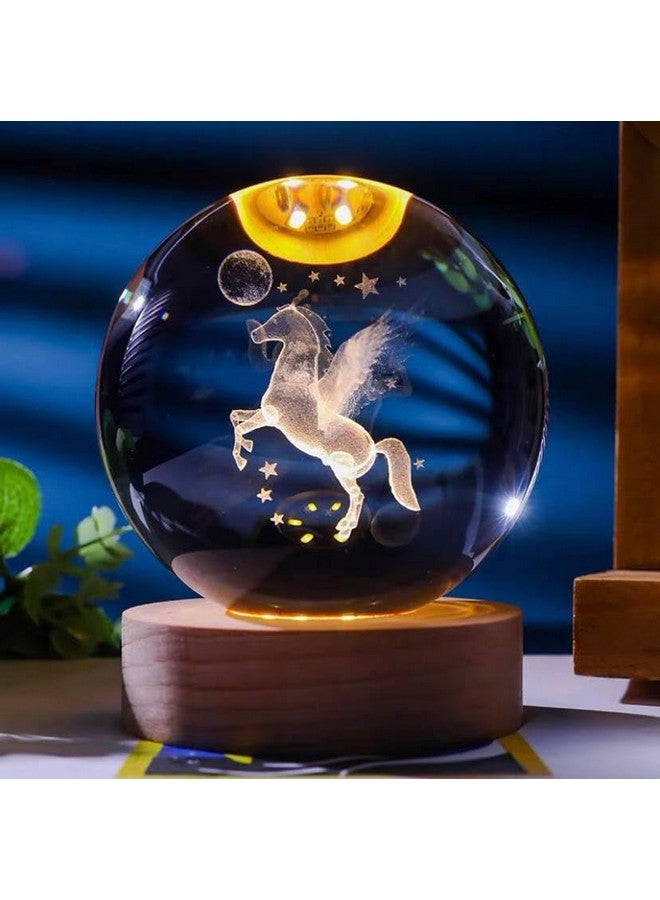SHOPOGENIX كرة ضوء الليل الكريستالية القمرية من شوبوجينيكس بنظام الطاقة الشمسية 60 مم، كرة زجاجية LED مع قاعدة خشبية ملونة 2.4 بوصة، كرة كريستالية ملونة للهدايا للرجال، النساء، الأطفال، الأولاد، الفتيات (حصان القمر) - Image 1