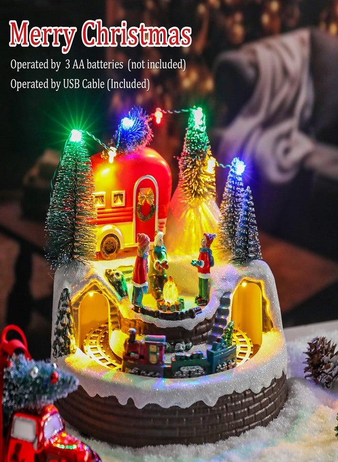VCUTEKA Christmas Village Houses, Camper with Kids Campfire and Rotating Train Lighted Musical Christmas Village Collectible Building for Xmas Indoor Decorations or Holiday Table Displays - Image 5