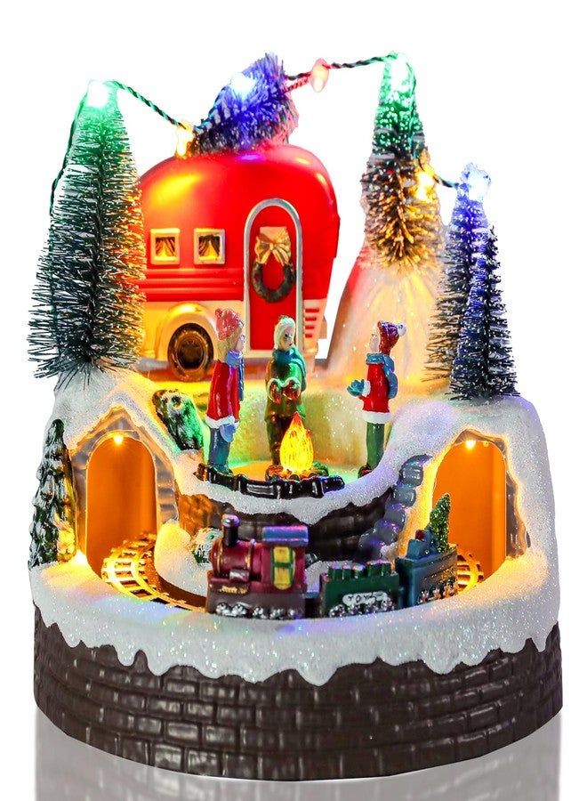 VCUTEKA Christmas Village Houses, Camper with Kids Campfire and Rotating Train Lighted Musical Christmas Village Collectible Building for Xmas Indoor Decorations or Holiday Table Displays - Image 1