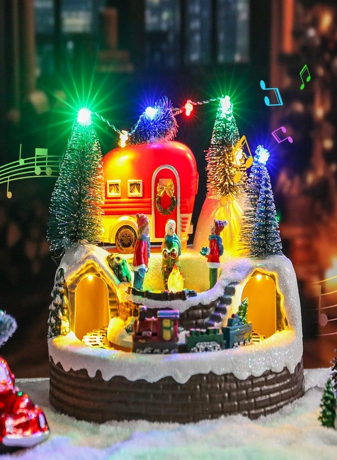 VCUTEKA Christmas Village Houses, Camper with Kids Campfire and Rotating Train Lighted Musical Christmas Village Collectible Building for Xmas Indoor Decorations or Holiday Table Displays - Image 2
