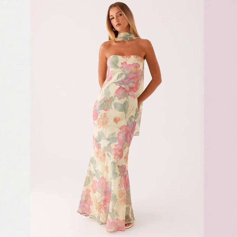 Women's Floral Chiffon High Waist Sleeveless Maxi Dress - Image 1