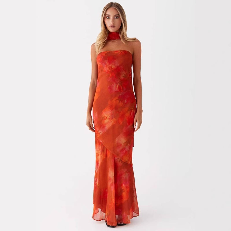Women's Floral Chiffon High Waist Sleeveless Maxi Dress - Image 3