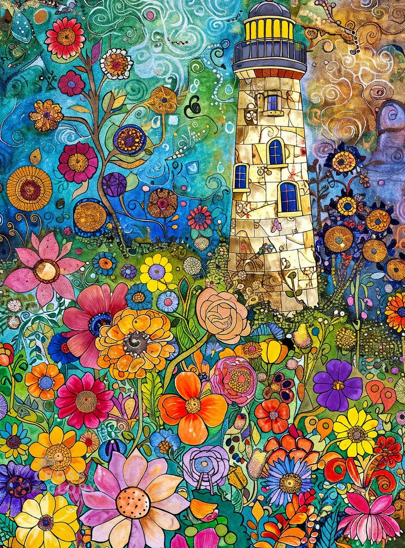 Cross & Glory â€“ 1000 Piece Jigsaw Puzzle for Adults |Lighthouse of Dreams | Whimsical Lighthouse Garden Puzzle | Colorful Gustav Klimt Inspired Artwork | 20x27 Inches | Flower Puzzle - Image 1
