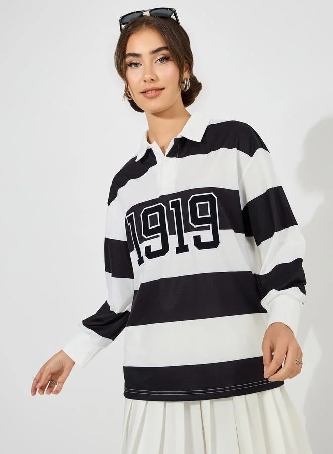 Styli Oversized Color Block Embroidered Detail Polo T-Shirt