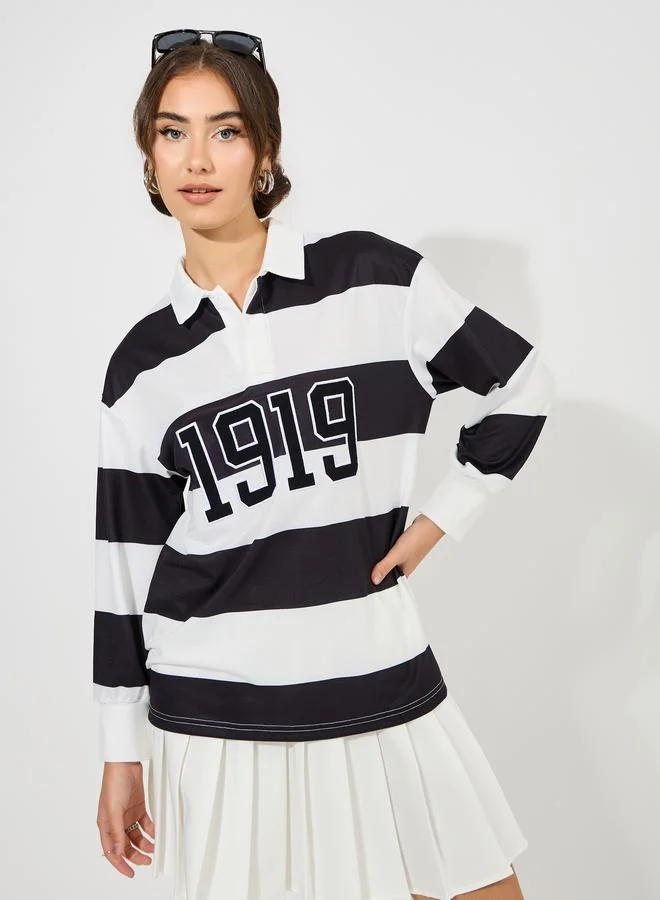 Styli Oversized Color Block Embroidered Detail Polo T-Shirt