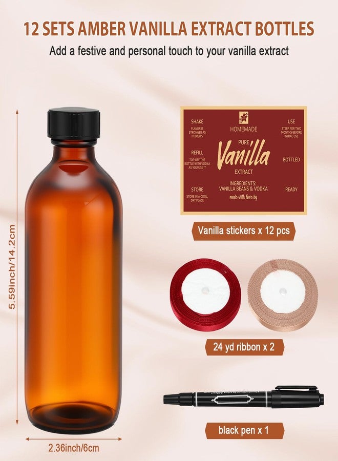 Vesici 12 Sets 8 oz Amber Glass Bottles for Vanilla Extract with Airtight Lid Leak Proof Empty Boston Round Vanilla Extract Jars Label Funnel for Homemade Essential Oil Christmas Party Holiday Gifts - Image 2