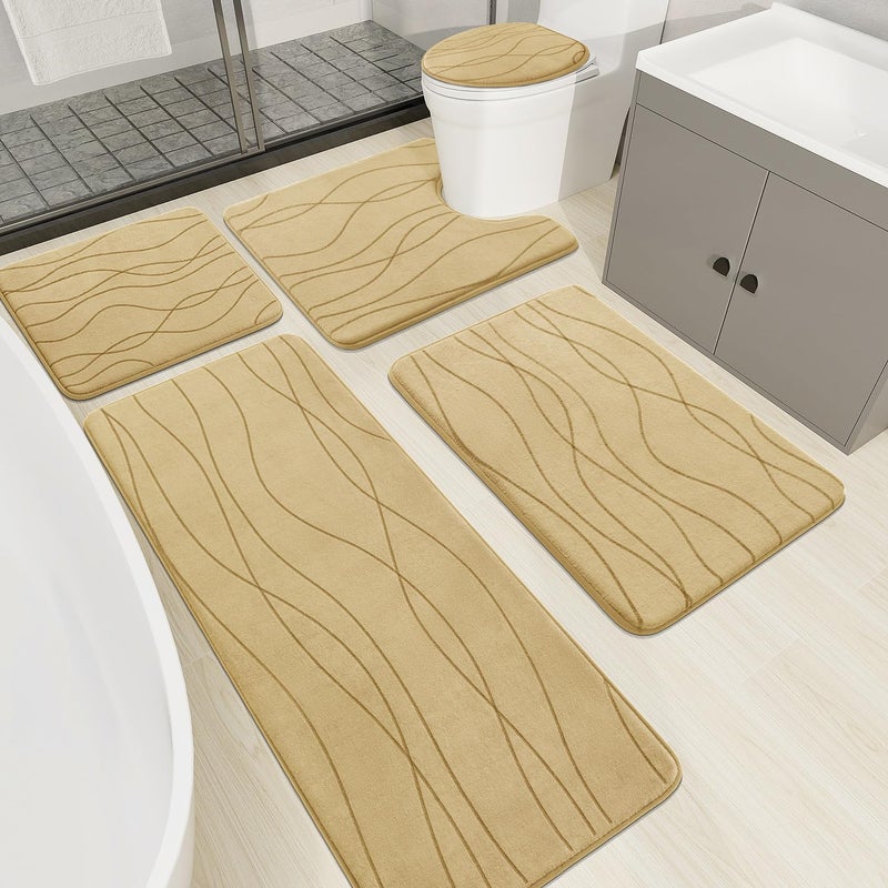 YIHOUSE Memory Foam Beige Bathroom Rug Sets 5 Piece, Ultra Absorbent Bath Mat for Bathroom - Non-Slip Machine Washable & Dry Quickly, 5 Piece Bathroom Mat Set, Beige - Image 1