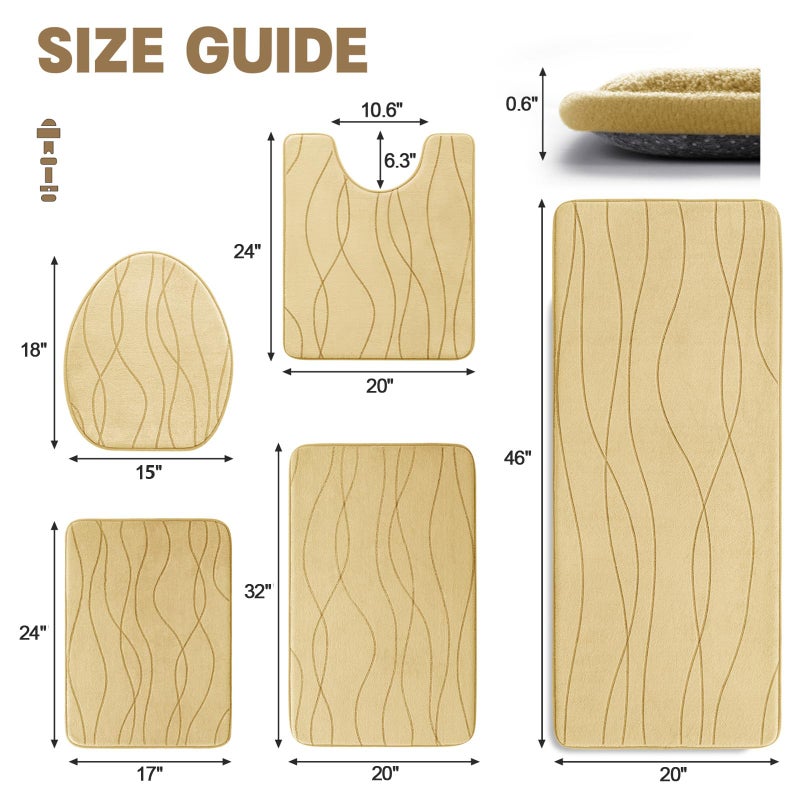 YIHOUSE Memory Foam Beige Bathroom Rug Sets 5 Piece, Ultra Absorbent Bath Mat for Bathroom - Non-Slip Machine Washable & Dry Quickly, 5 Piece Bathroom Mat Set, Beige - Image 5